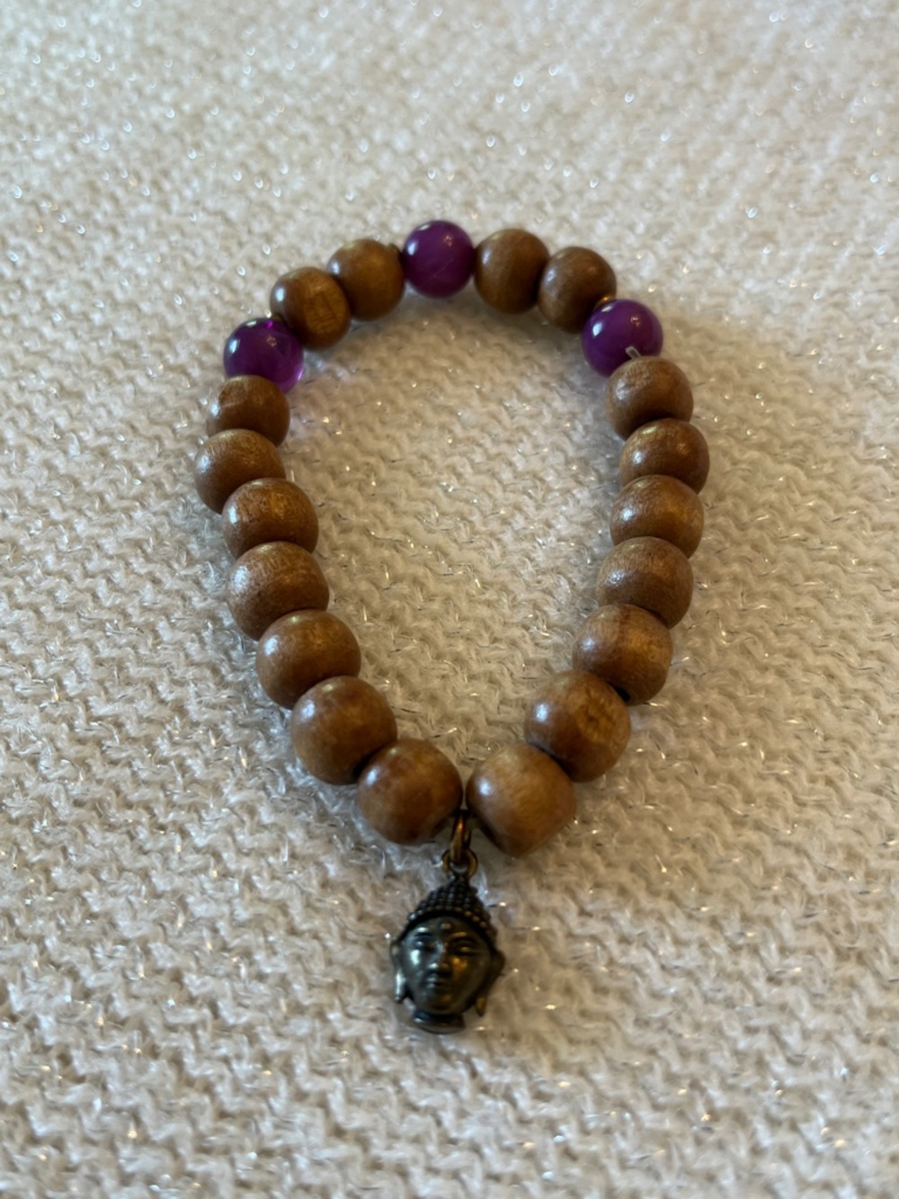 Handmade Wooden Bead Bracelet with Purple Accents and Buddha Charm